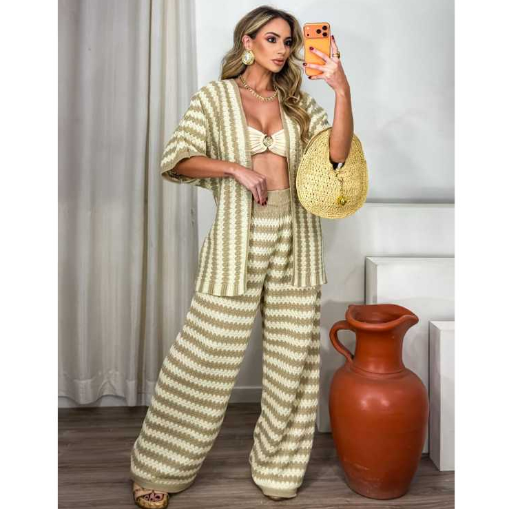 Conjunto Feminino em Tricô Calça Pantalona e Kimono Listrado Elegante Super Tendência
