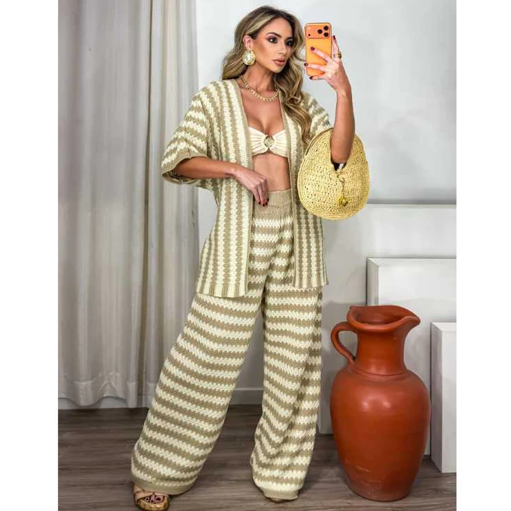 Conjunto Feminino em Tricô Calça Pantalona e Kimono Listrado Elegante Super Tendência