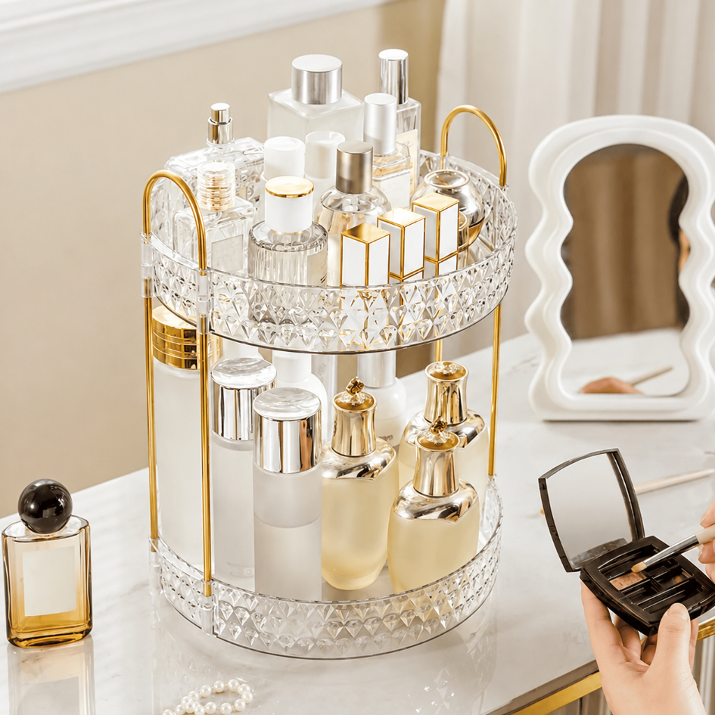 Organizador de Maquiagem Giratório – Suporte Multiuso 2/3 Andares p/ Cosméticos e Perfumes
