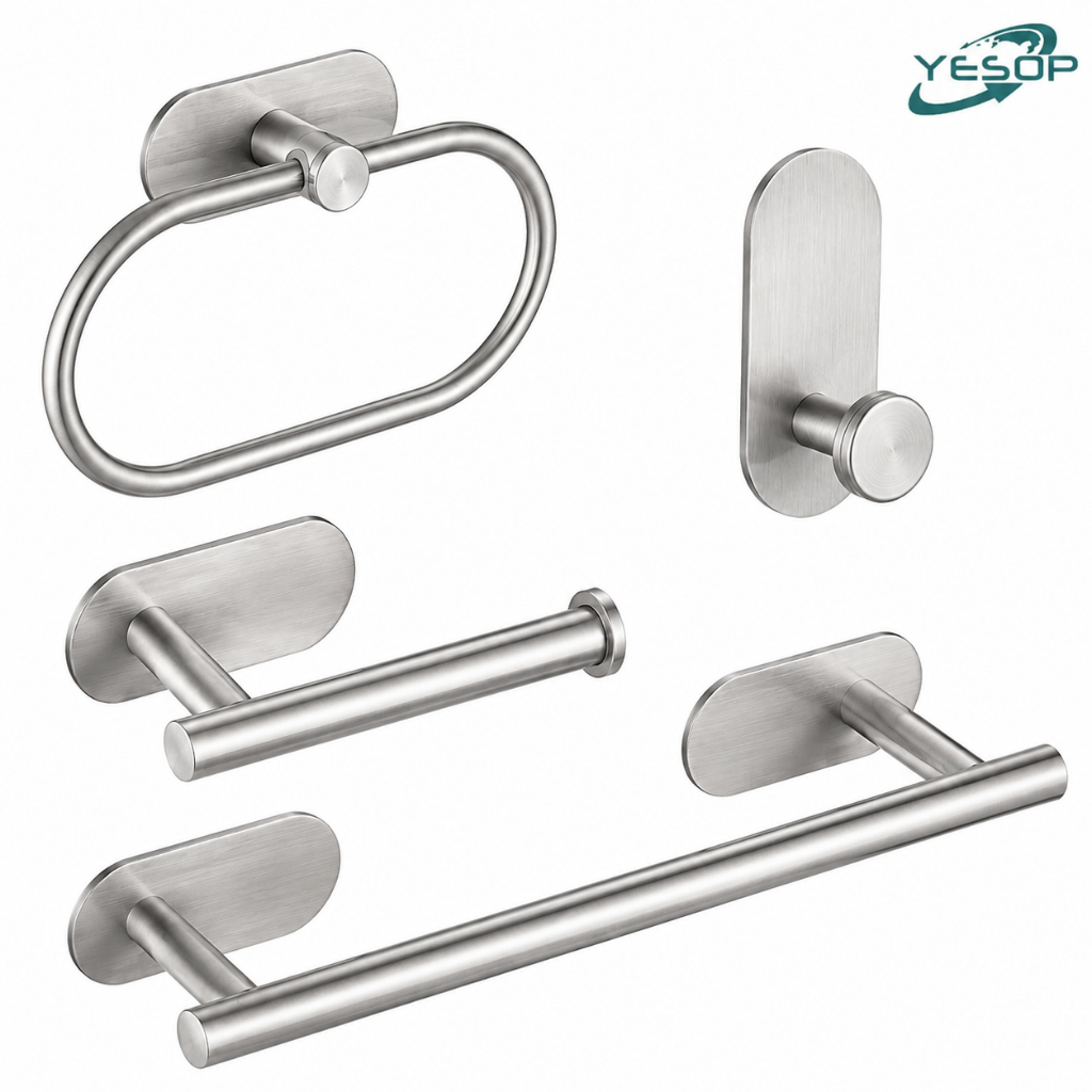 YESOP Kit Acessórios Banheiro 4 Peças Inox Sem Furo Adesivo Premium Parede Moderno Luxo