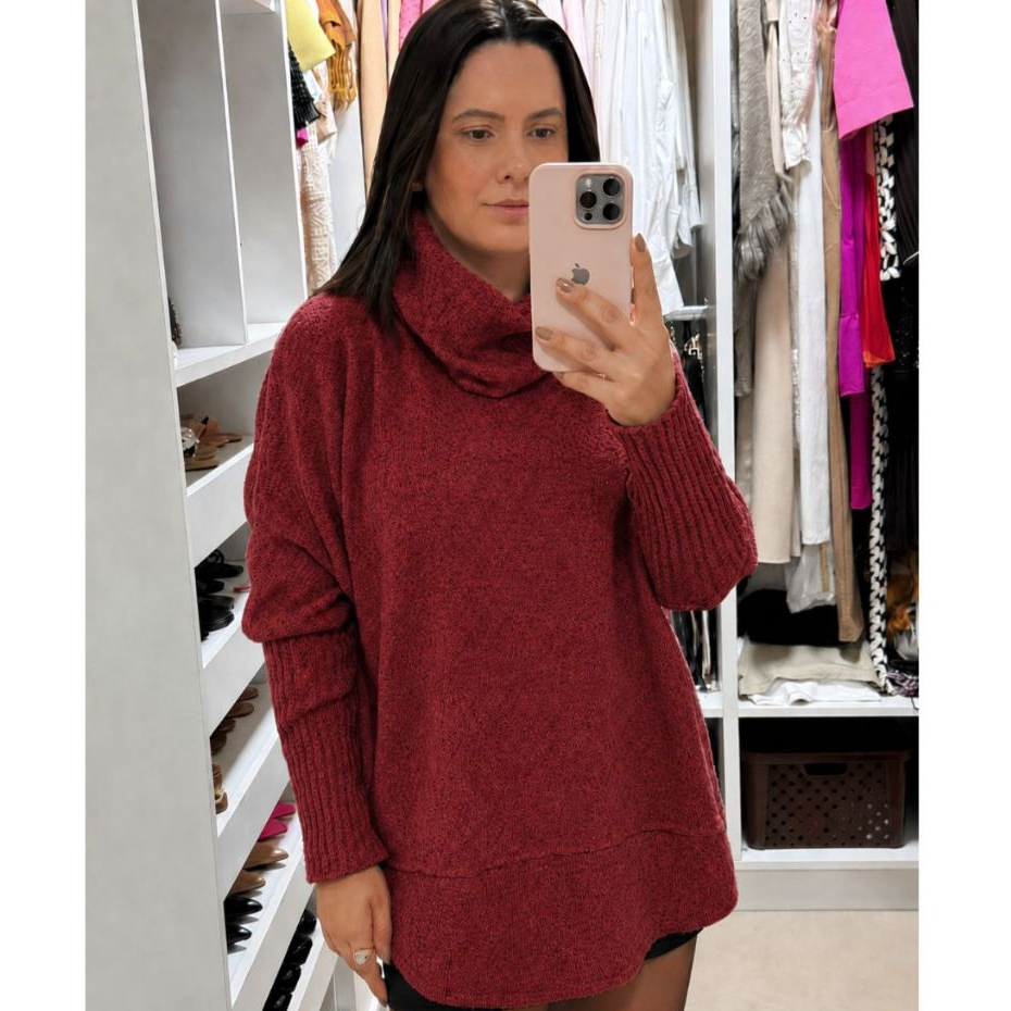 Poncho Feminino Tricot Mousse Gola Alta Manga Longa Quentinho Veste 36 Ao 48 Moda Inverno Elegante