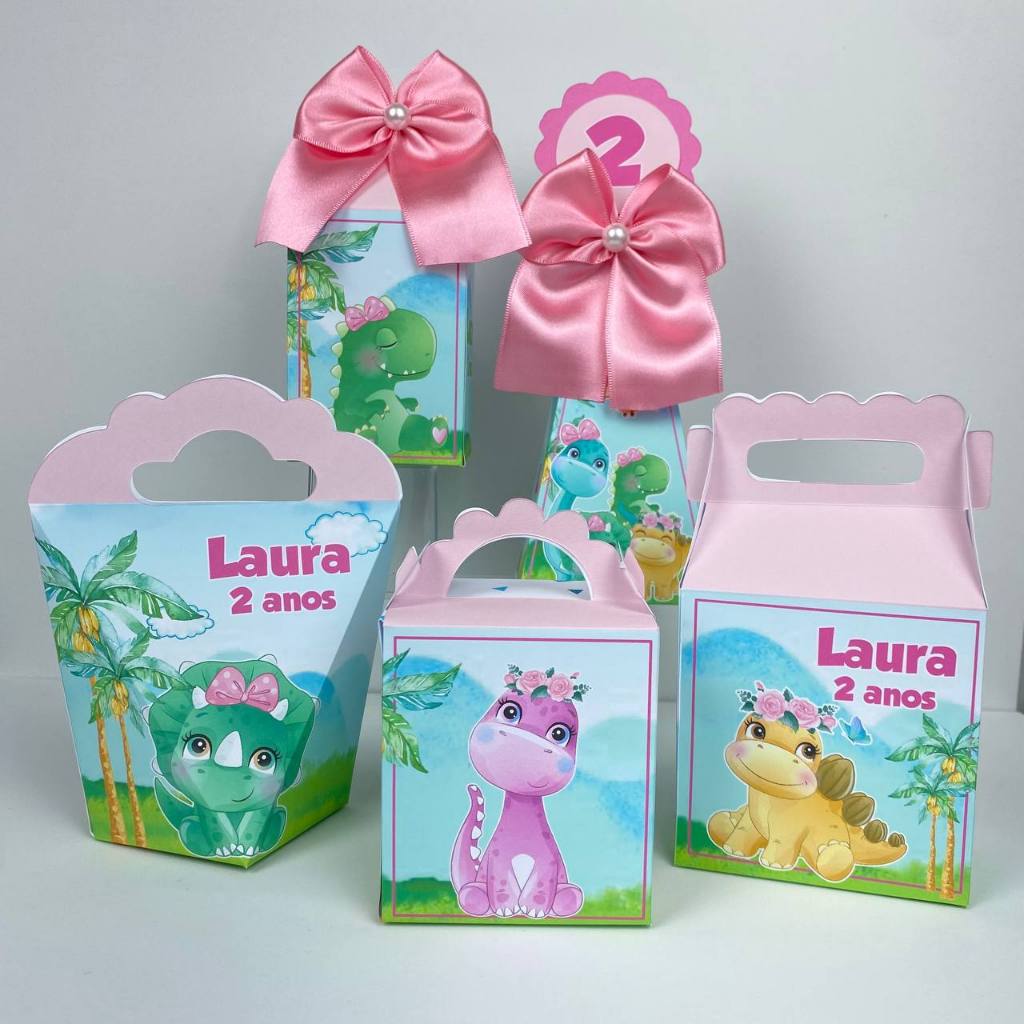 Kit Festa Personalizados Dino Baby Dinossauro Menina (PEGUE e MONTE) Lembrancinhas Caixinhas para Festa Infantil