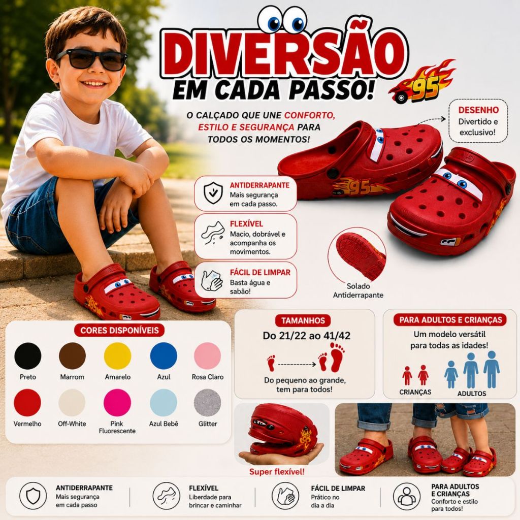 Babuche Papete Sandalia Infantil e Adulto MCQueen Menina Menino Confortável Leve Flexível Personagem Antiderrapante