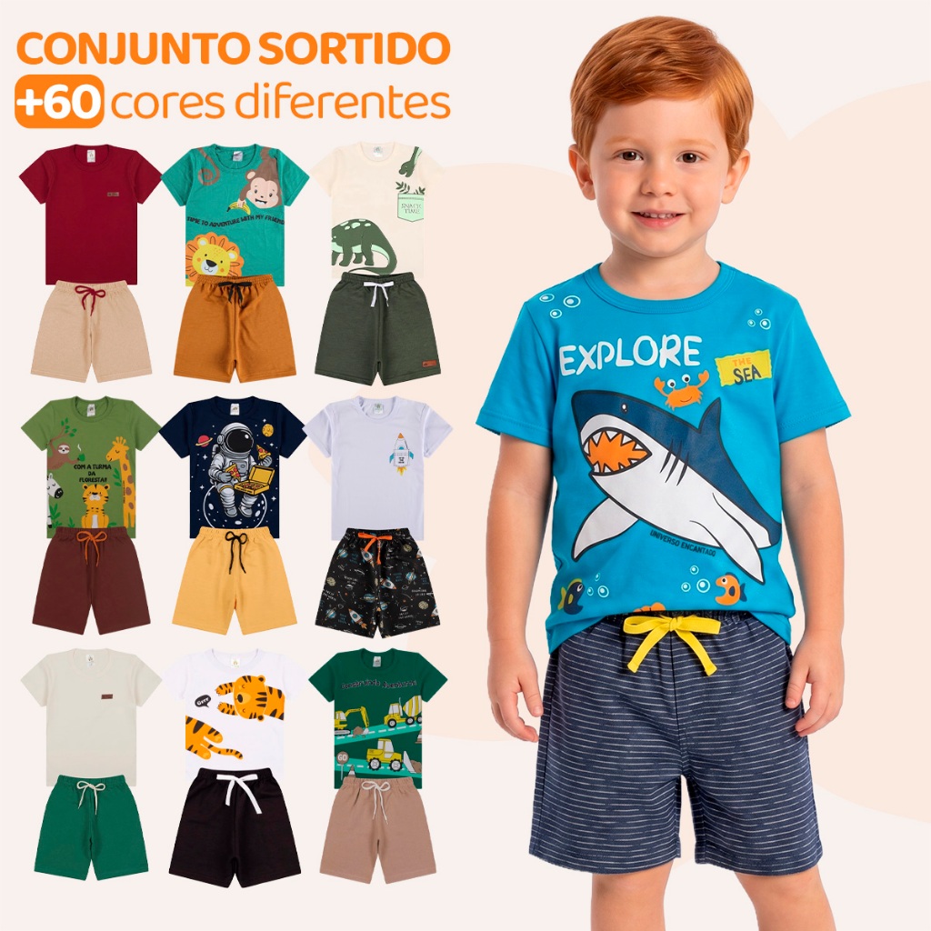 Kit Sortido 4, 10 ou 16 Peças de Roupas Infantil Menino Verão (Camisetas +Bermud
