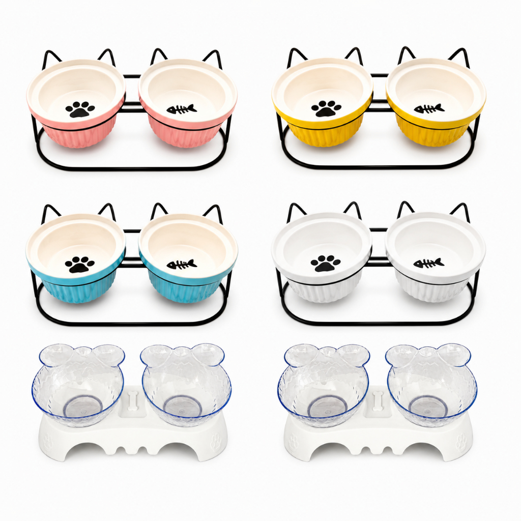 Comedouro e Bebedouro Duplo Pet Cerâmica Cão Gato com Apoio Base