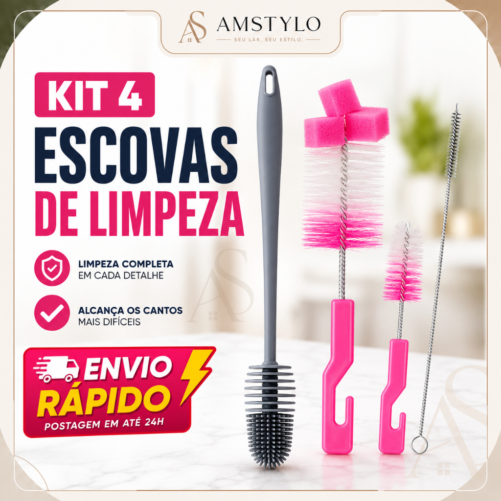 Kit Com 4 Escova para Mamadeira Bico e Garrafas Termica Copo de Vidro Limpeza