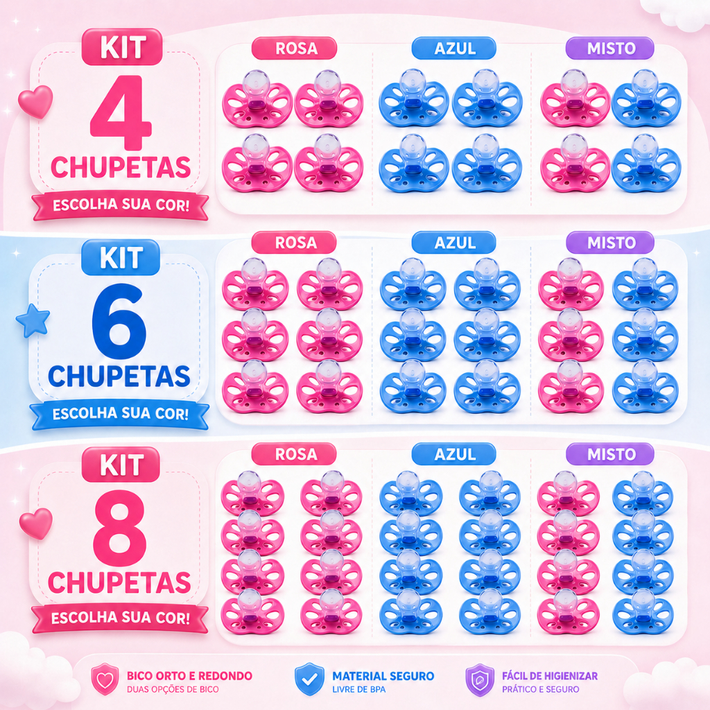 Kit Chupetas Bico Silicone Ortodôntico ou Redondo Menino Menina 6+ Meses (0122/0123)