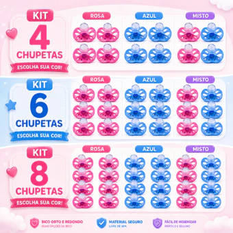 Kit Chupetas Bico Silicone Ortodôntico ou Redondo Menino Menina 6+ Meses (0122/0123)