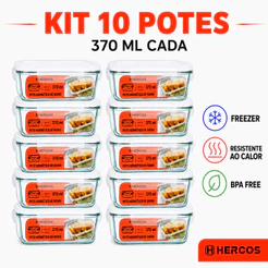 Kit Pote Hermético Vidro Tampa 4 Travas 370ml Retangular Freezer Marmita Frios Fitness Micro Ondas