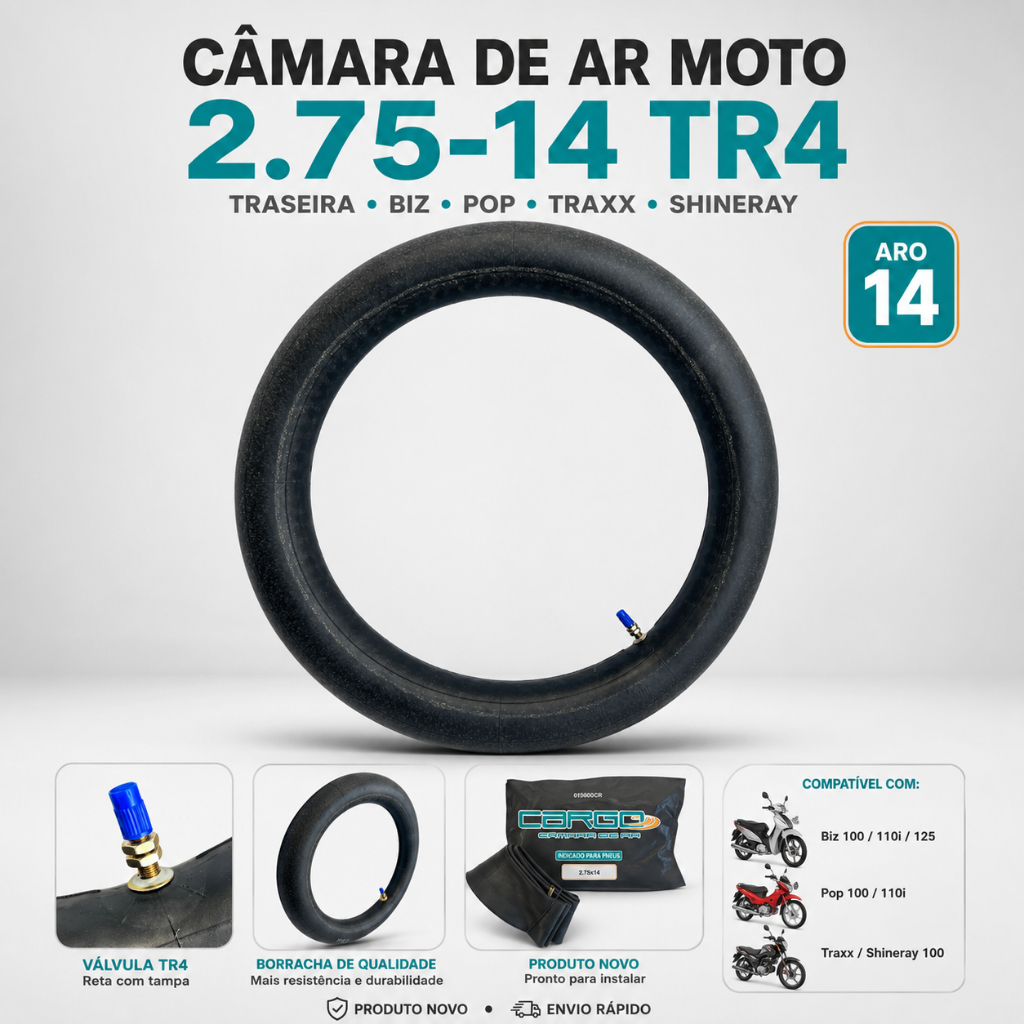 Câmara Ar Moto Pneu Biz Pop Honda Traxx Shineray 100 110i 125 Traseira 2.75/80-14 TR4