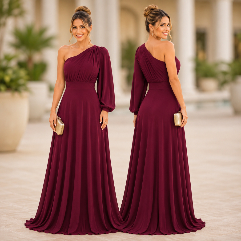 Cristina Anair Vestido Longo Madrinha Festa Casamento Formatura Um Ombro Só Manga Longa