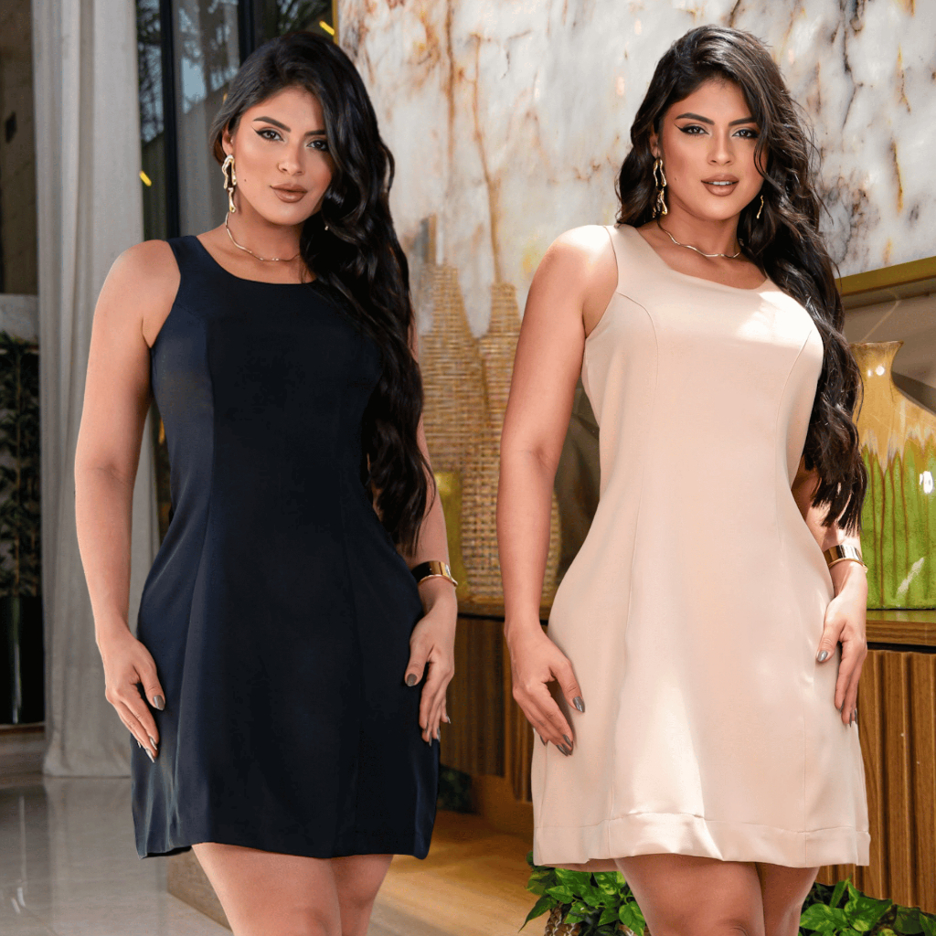 Kit 2 Vestido Alfaiataria Casual Midi Alcinha Confortável Leve Soltinho Elegante Liso