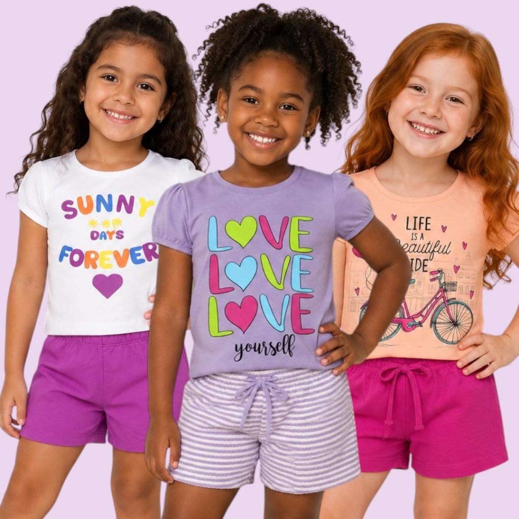 Kit 5 Conjunto Infantil Feminino Em Algodão Com Blusinha Estampada E Short Com Cós Elástico