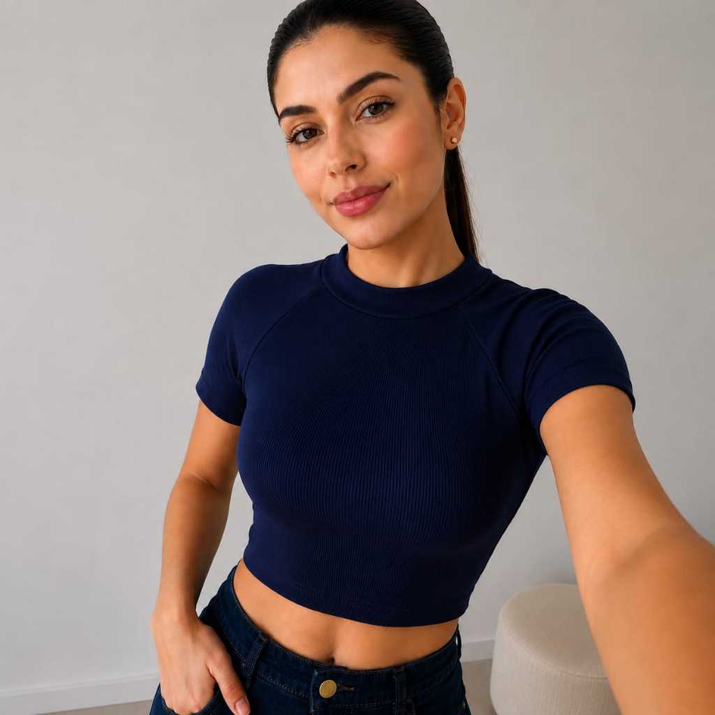 Blusa Cropped Feminina Canelada Ribana Gola Redonda Manga Curta Casual.