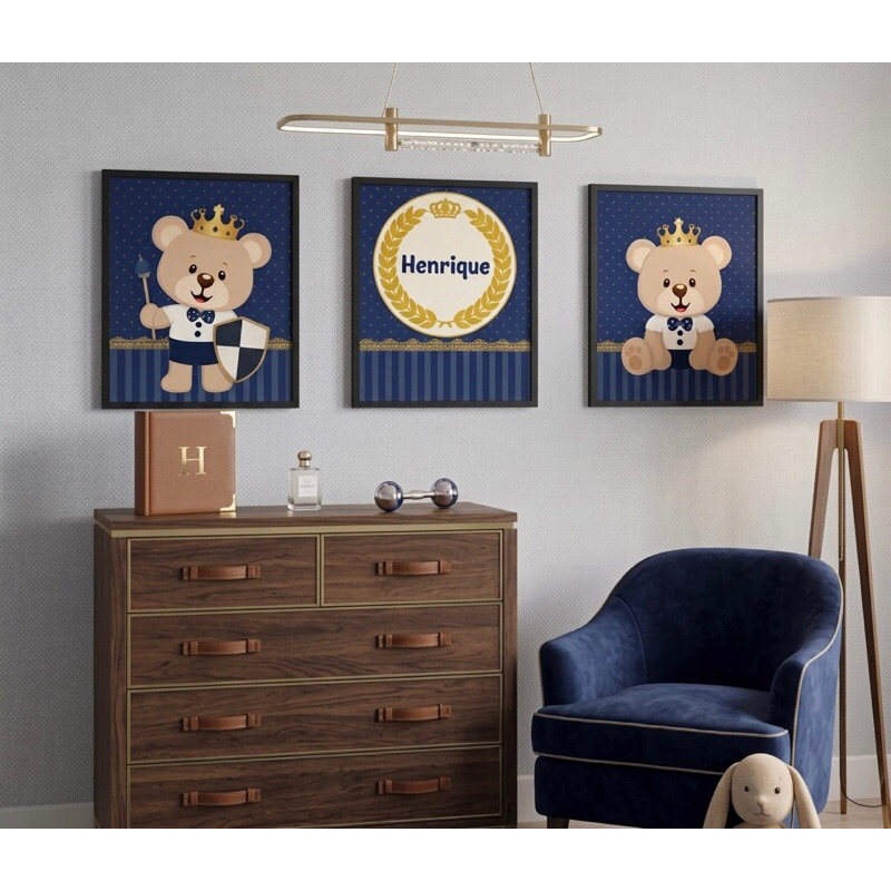 Quadros Decorativos 3 peças Urso Príncipe infantil com o nome personalizado para o quarto com tamanhos diferentes