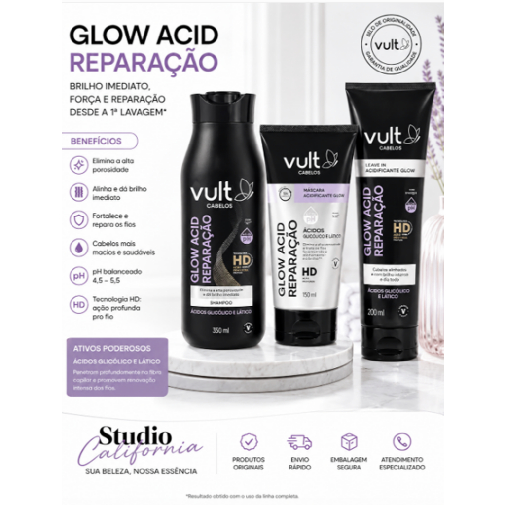 MAIS VENDIDO | Kit Vult Glow Acid Reparação Completo Shampoo + Máscara + Creme brilho Intenso, Anti Danos original