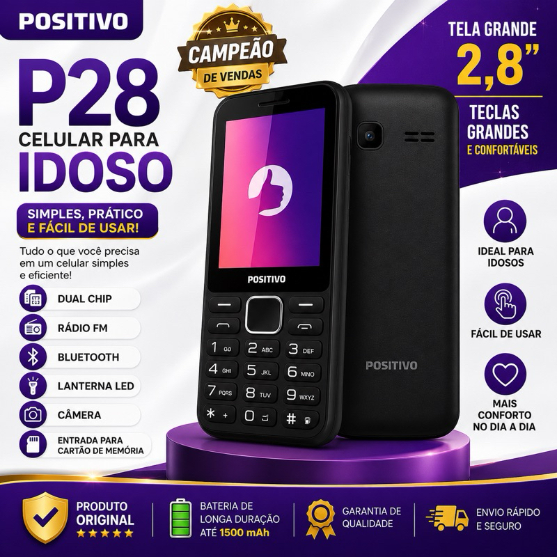 Celular Para Idoso Positivo P28 Original Dual Chip Tela Grande Rádio FM Lanterna Bluetooth
