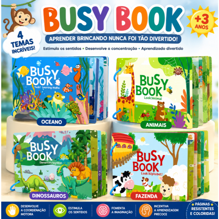 Livro Interativo Montessori com 4 Temas - Busy Book Infantil Educativo Sensorial |  Aprendizado para Crianças +3 Anos