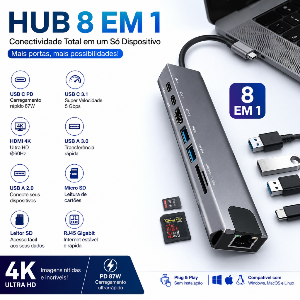 Hub USB-C 8 em 1 USB 2.0/3.0 HDMI 4K RJ45 Rede SD TF Docking Station Extensão Alta Velocidade