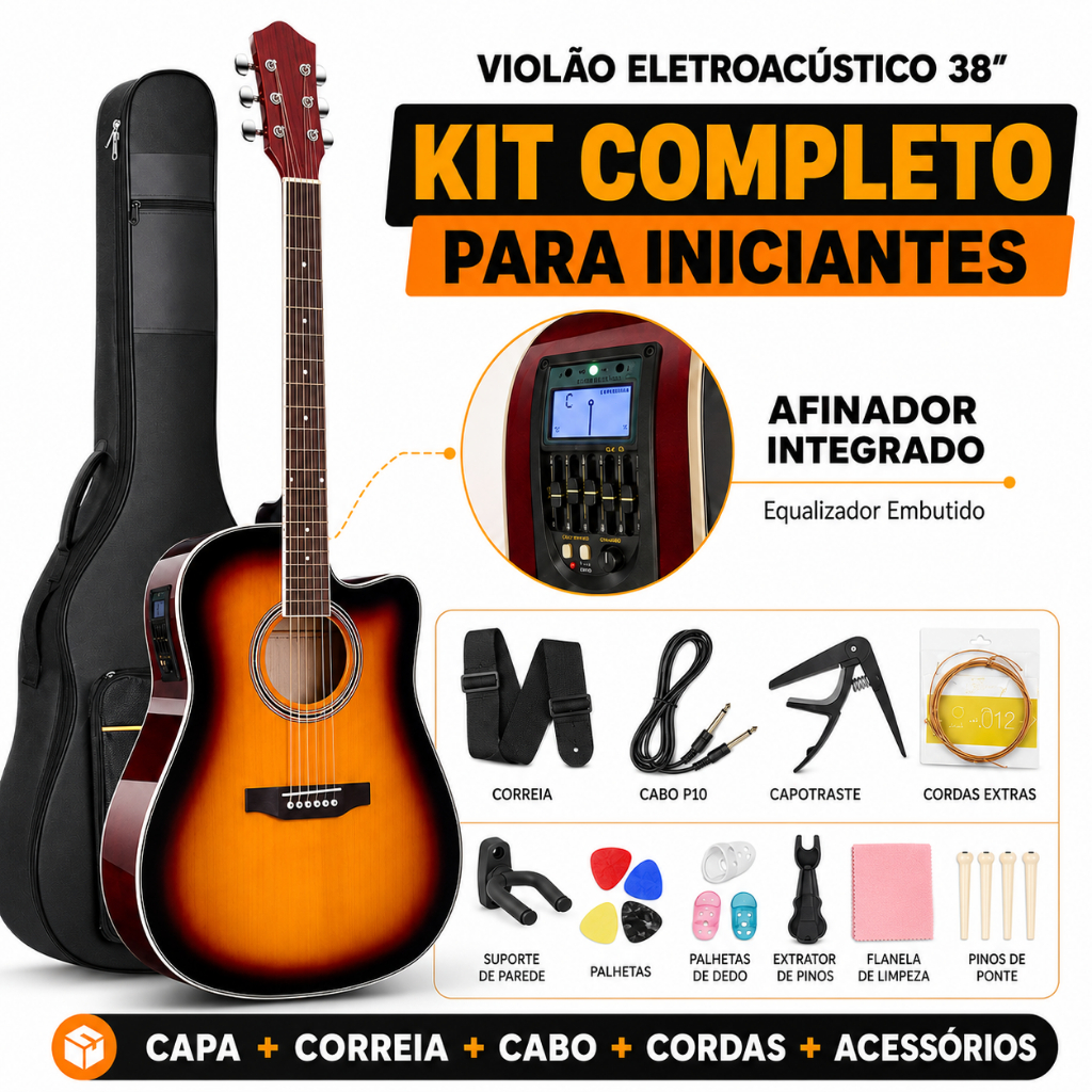 Kit Violão Eletroacústico 38 Polegadas Iniciante - Afinador, Cordas e Acessórios Inclusos