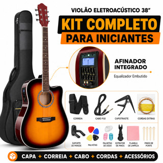 Kit Violão Eletroacústico 38 Polegadas Iniciante - Afinador, Cordas e Acessórios Inclusos
