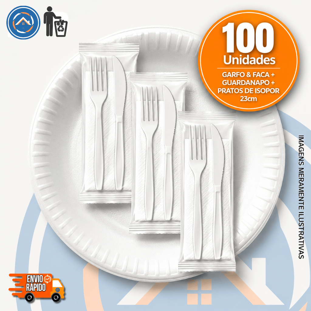 Kit Churrasco Prato de Isopor p/ Refeição Kit Garfo + Faca e Guardanapo c/100un