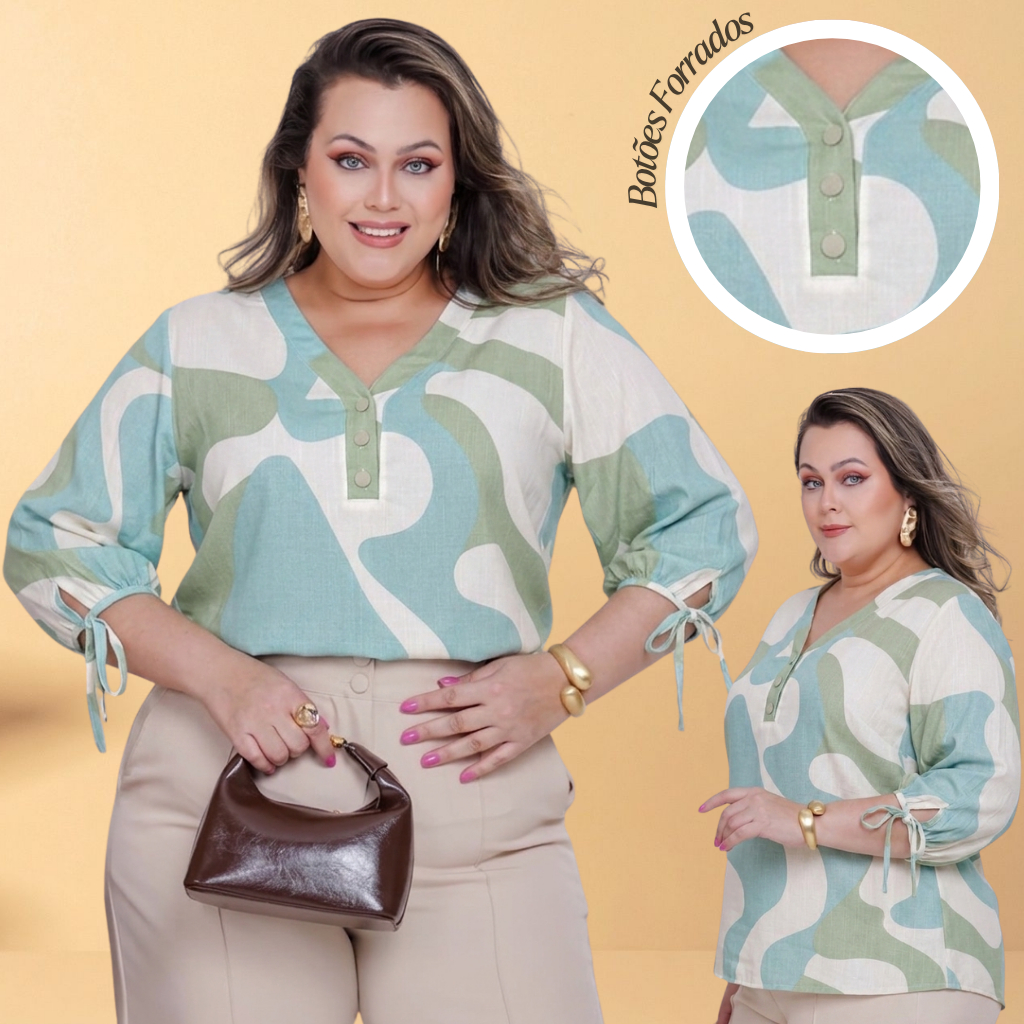 Camisa Feminina Plus Size Viscolinho Manga 3/4 com Amarração Botões Forrados Elegante Casual