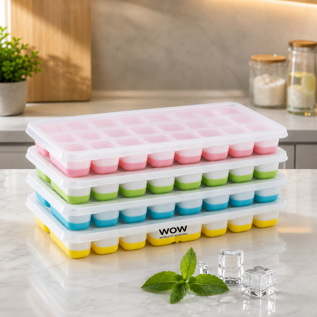 Kit 4 Forma De Gelo Fundo Silicone 14 Cubos Tampa Rígida