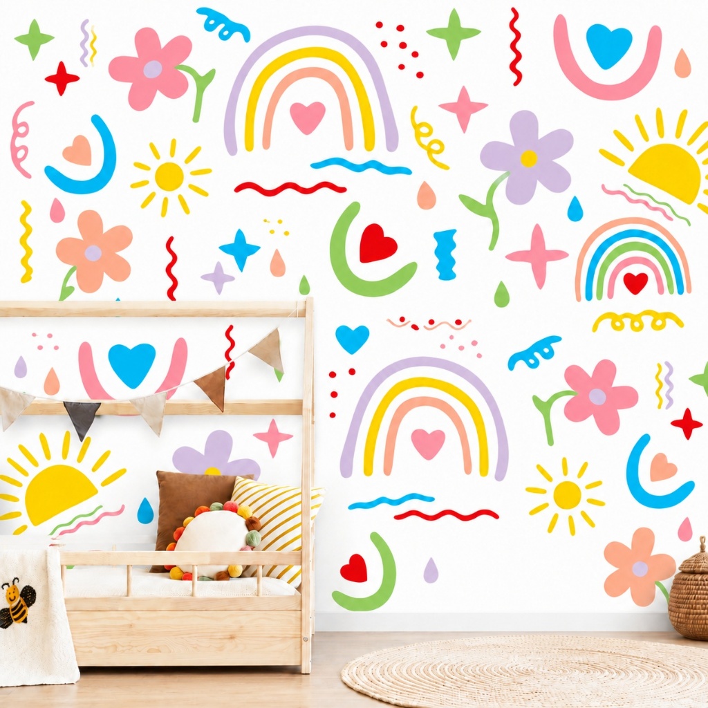 Papel de Parede Infantil Tema Arco-Íris Soft Color Para Quarto De Menina