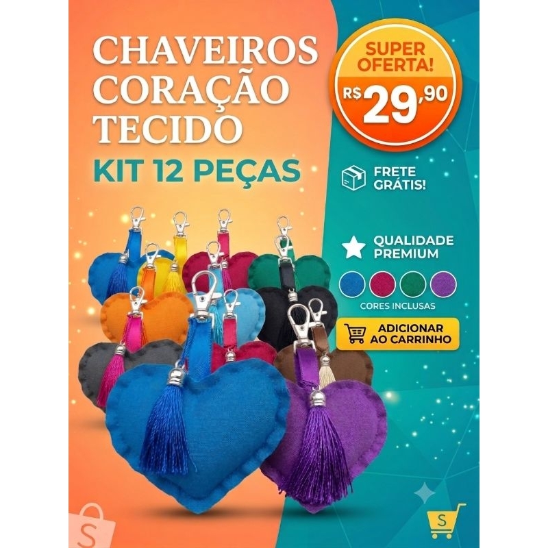 Kit 12 Chaveiro Coração Tecido Artesanal Lembrancinha Personalizada Maternidade Chá de Bebê