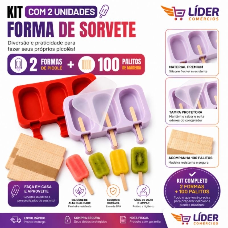 Kit 2 Forma Molde Para Sorvete Picolé Silicone C/ Tampa mais 100 Palitos 6 Sorvete