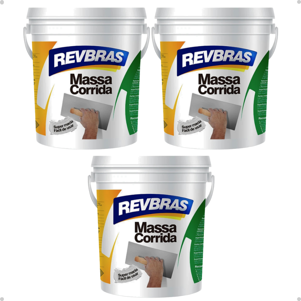 Kit 3 Massa Corrida Uso Fácil Acrilica Superficie Para Construção Revbras 3,6l Galão