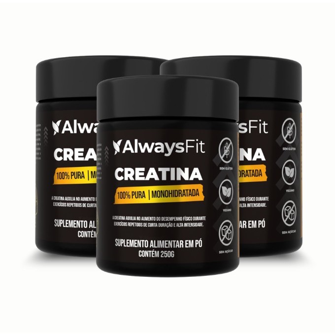 Creatina Monohidratada AlwaysFit | 100% Pura | Suplemento Alimentar em Pó | 250g - 3 Unidades