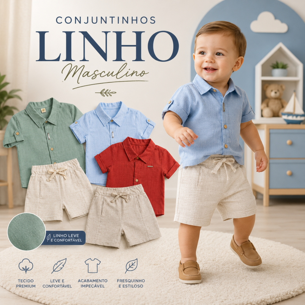 Conjunto infantil masculino short linho+camisa de botões para meninos estilosos Conjunto Social Baby Kids Em Linho