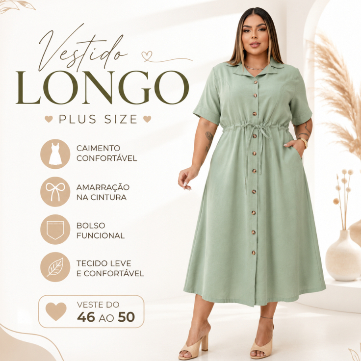 Vestido Feminino Midi Plus Size Elegante em Tecido Marrant Sensorial com Botões e Amarração