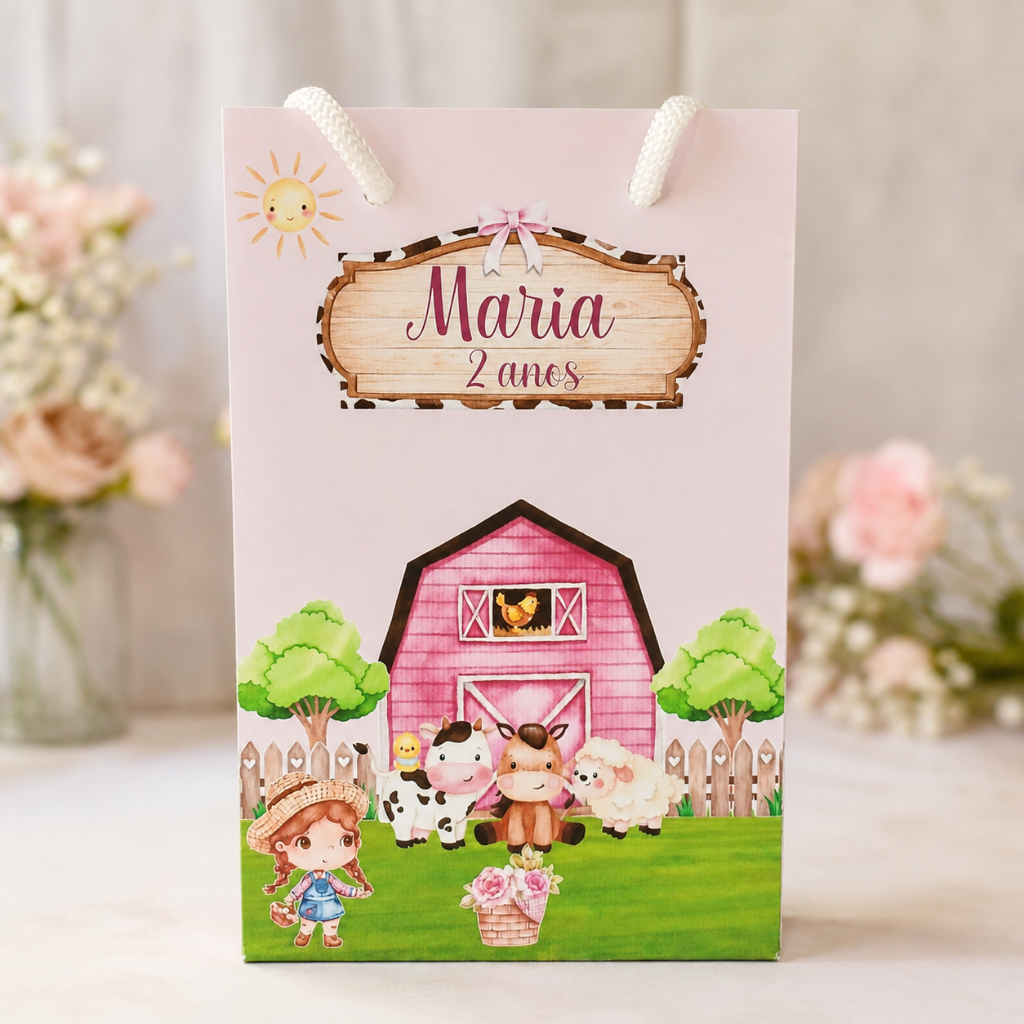 Sacolinha Personalizada| Fazendinha Rosa| Sacolinha P| Festa Infantil| Lembrancinha| Festa aniversário| PEGUE E MONTE