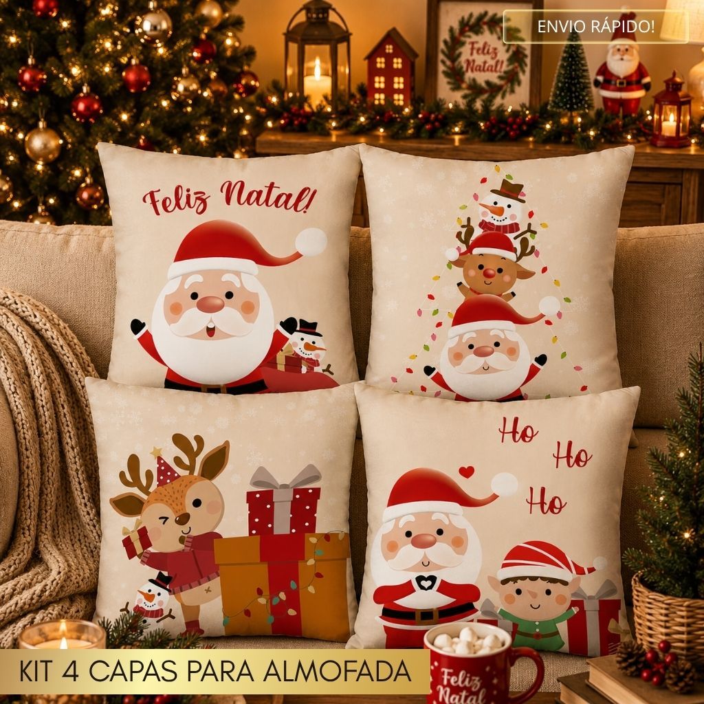 NATAL! Kit com 4 Capas para Almofadas Decorativas Natal 45x45 cm