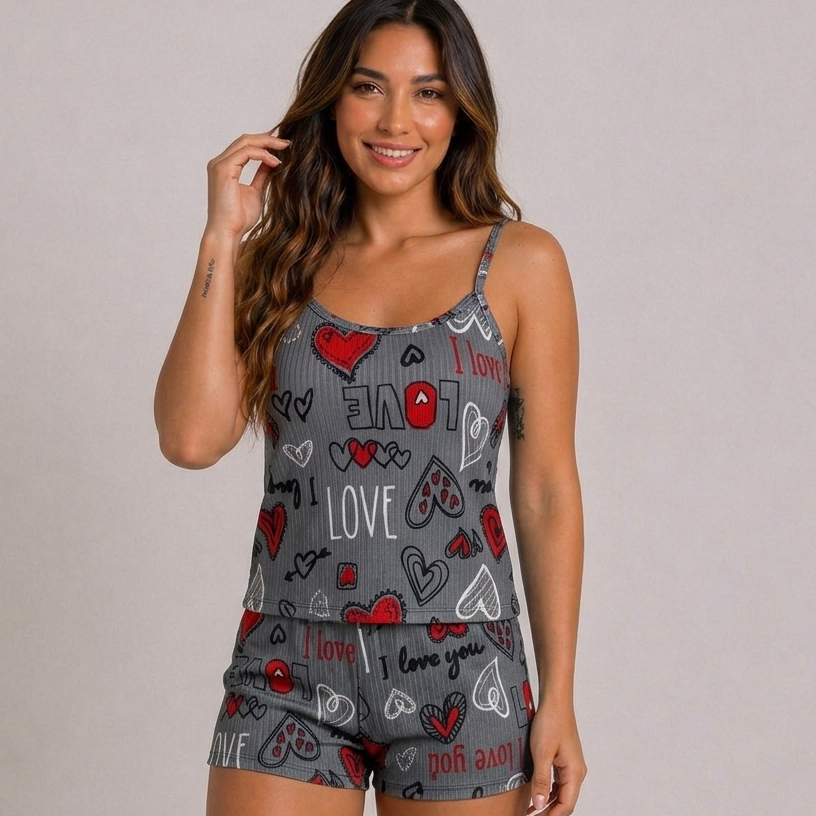 Conjunto Pijama Curto Suede Estampado Feminino Conforto Dia a Dia Pijama Com Alcinha Baby Doll Short Canelado Cinza