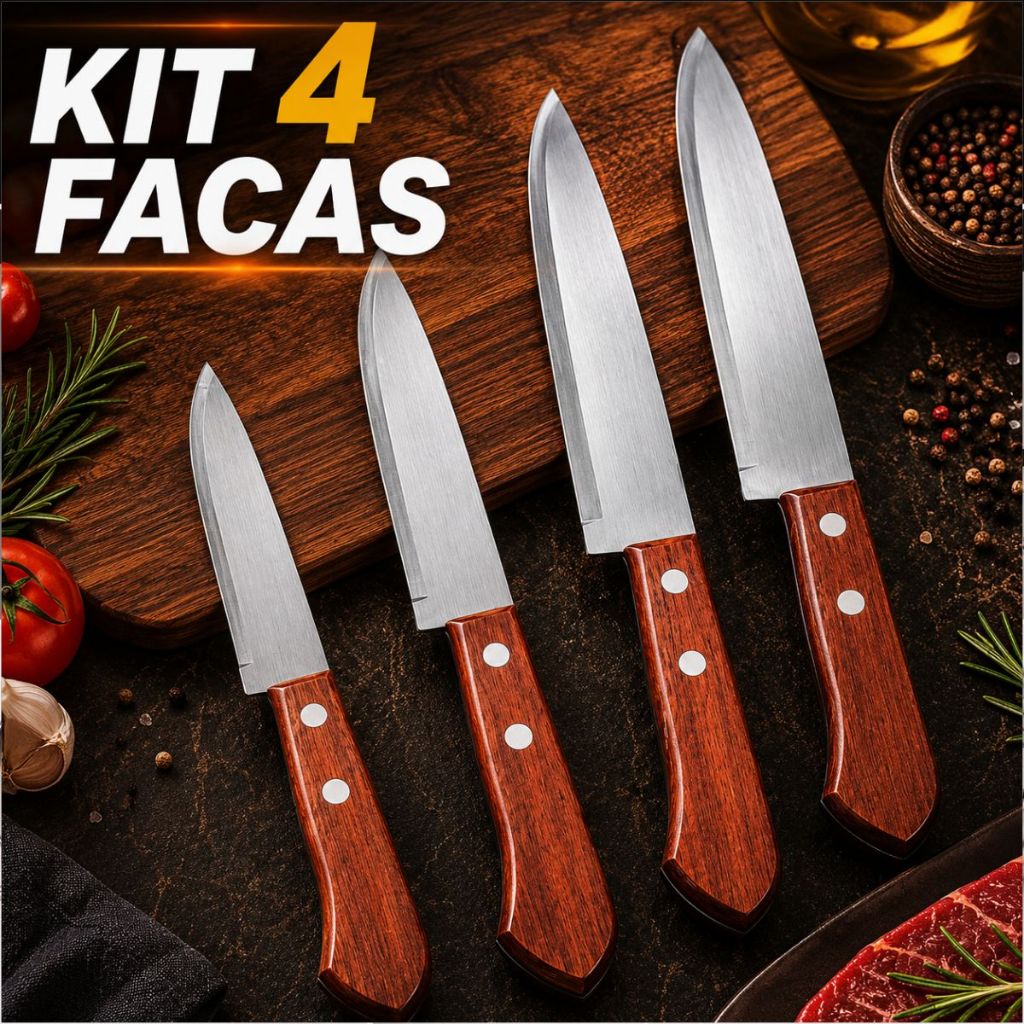 Kit 4 Facas de Cozinha Aço Inox Nº 5 6 7 8 Cabo Madeira