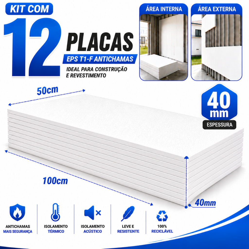 Kit 12 Placas Isopor EPS Antichamas 40mm 100x50cm Revestimento Construção Decoração