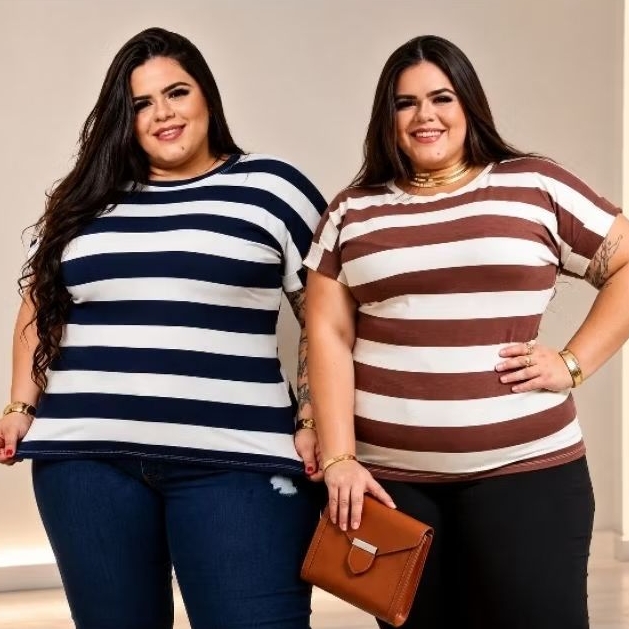 Blusa Feminina Plus Size Camiseta T-Shirt Lisa Listrada Viscolycra Manga Japonesa Curta Dobrada Casual Soltinha G1 G2 G3