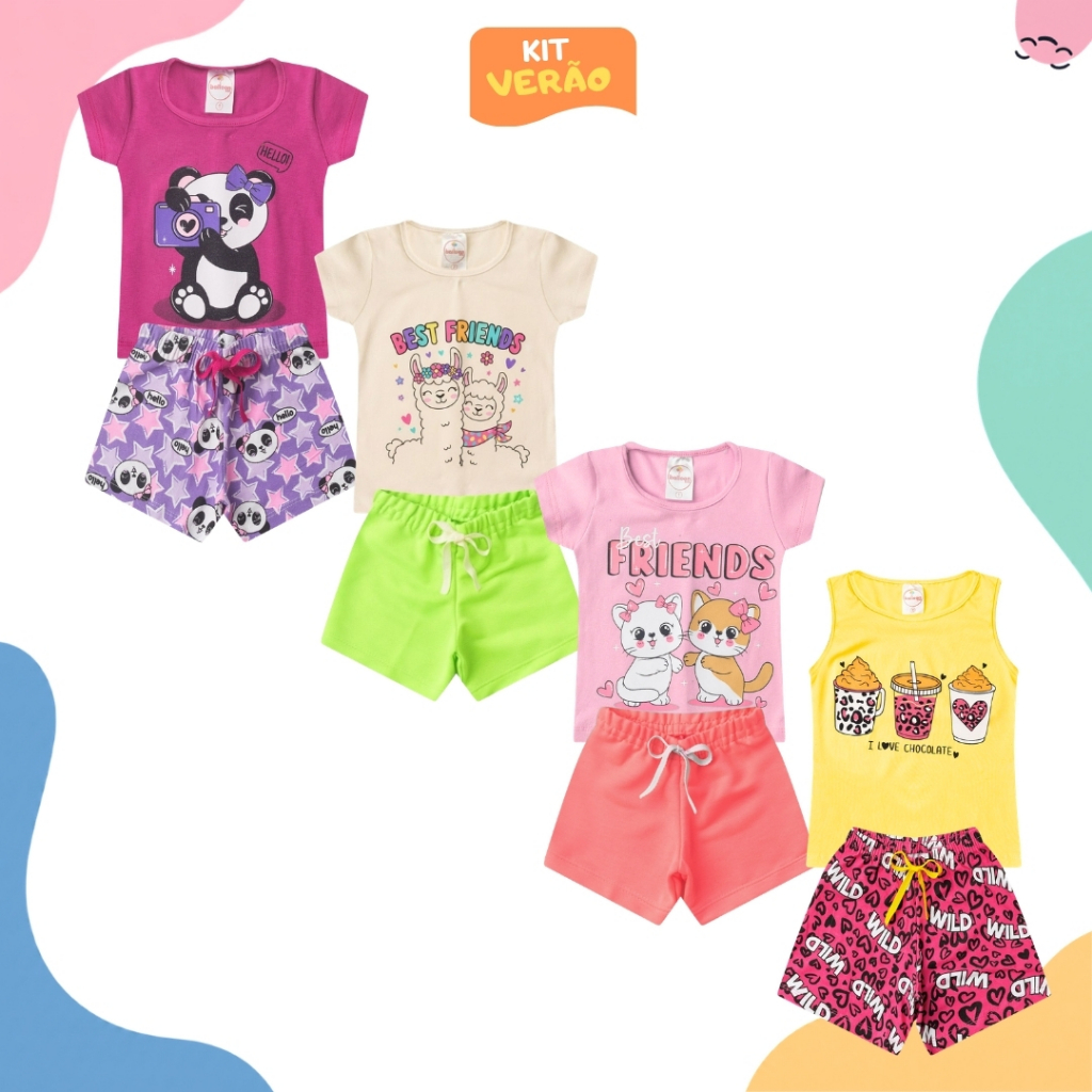 Kit 2 Peças Roupa Infantil Menina Conjunto Feminino Verão Sortido 1 Blusa + 1 Short