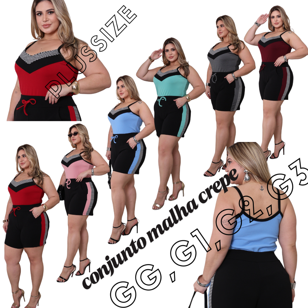 Conjunto Feminino Plus Size Regata Malha Crepe Short com Bolso GG G1 G2 G3 G4 Para Verão