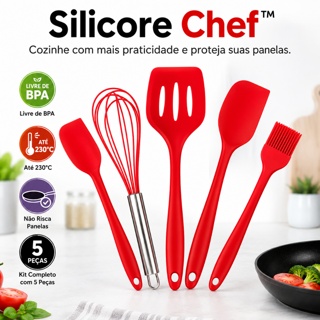 Kit Utensílios de Cozinha Silicone 5 Peças Silicore Chef Resistente ao Calor 230°C Livre de BPA Não Risca Panelas