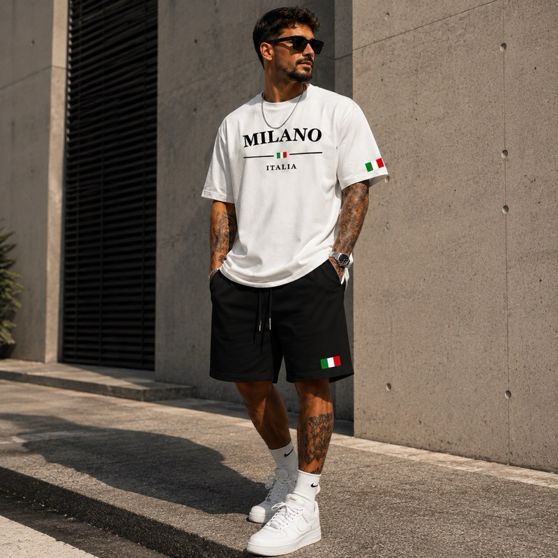 Conjunto Camiseta e Short Tectel Kit Camisa Blusa Algodão + Bermuda Verão Milano Moderna Minimalista Estilosa