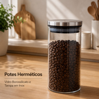 Pote Hermético Vidro Tampa Inox para Mantimentos 700ml 1,1L 1,5L 1,8L, Pote Café, Macarrão, Cozinha
