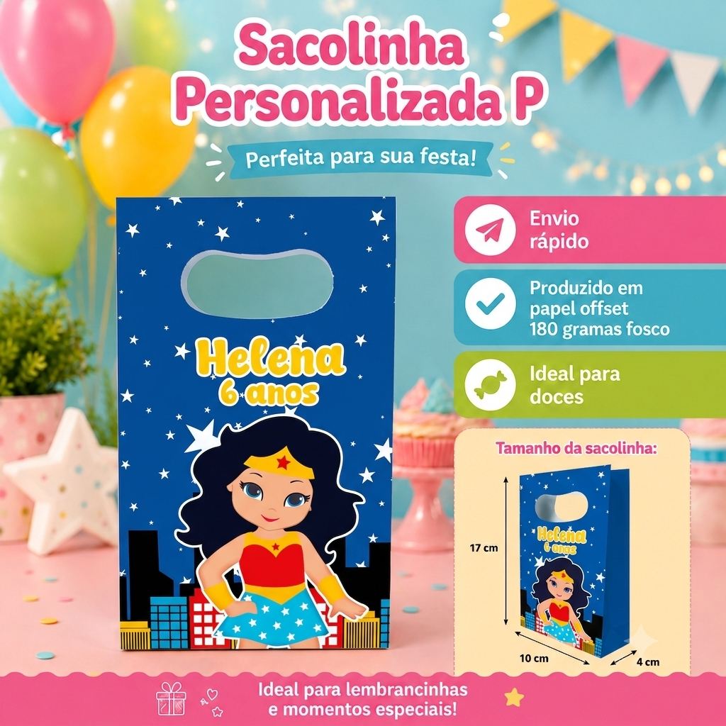 Sacolinha personalizada Mulher Maravilha/ Mimos de Aniversário Lembrancinhas (PEGUE E MONTE)