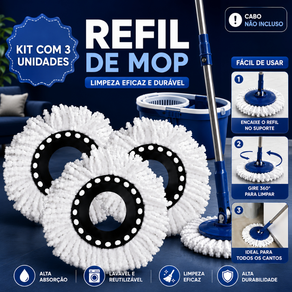 Kit 3 Refil Mop Giratório 360° Esfregão Microfibra Alta Absorção Lavável Reutilizável
