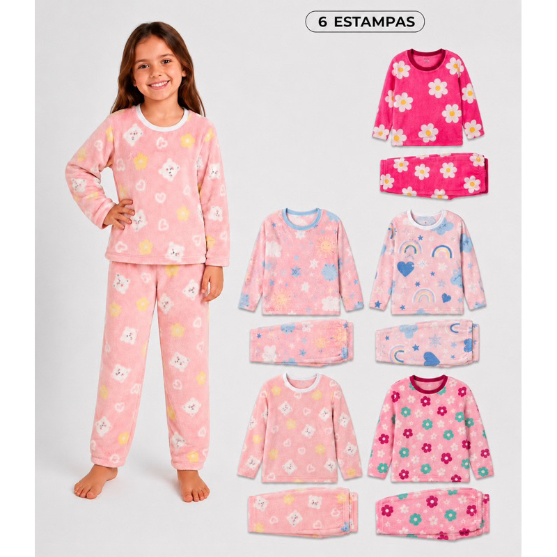 kit 1, 2 ou 3 Pijama Infantil Estampado em Fleece Feminino Inverno Quentinho
