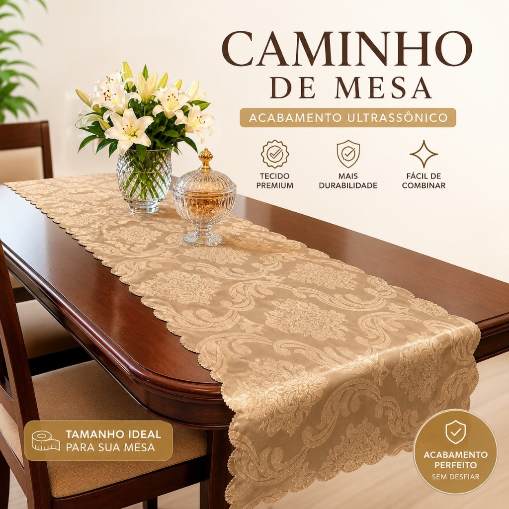 Caminho de Mesa 1.40 x 0.50 cm Acabamento Ultrassônico Sem Costura Jacquard Elegante e Moderno